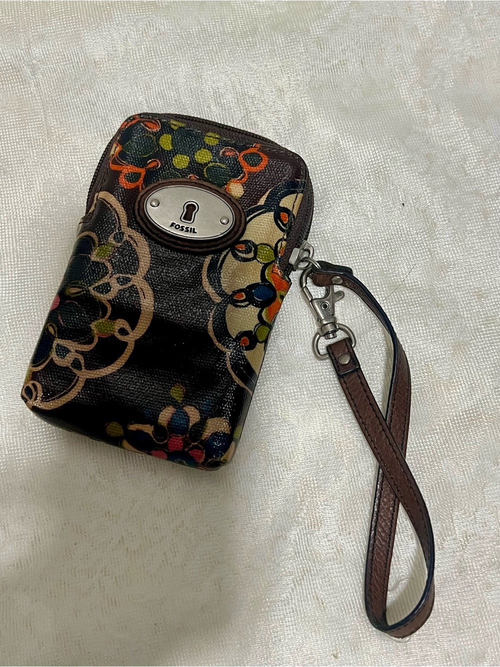 Fossil Brown Floral Coated Canvas Wristlet Phone Case with Multicolor Accents